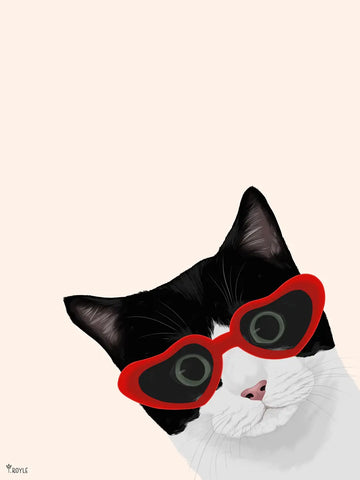 Poster einer schwarz-weißen Katze mit roten herzförmigen Sonnenbrillen vor einem hellrosa Hintergrund.