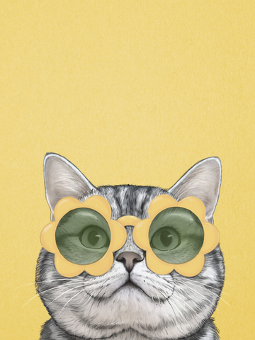 Poster einer Katze mit gelber Sonnenbrille vor gelbem Hintergrund.