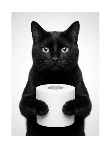 Schwarze Katze hält eine Rolle Toilettenpapier.