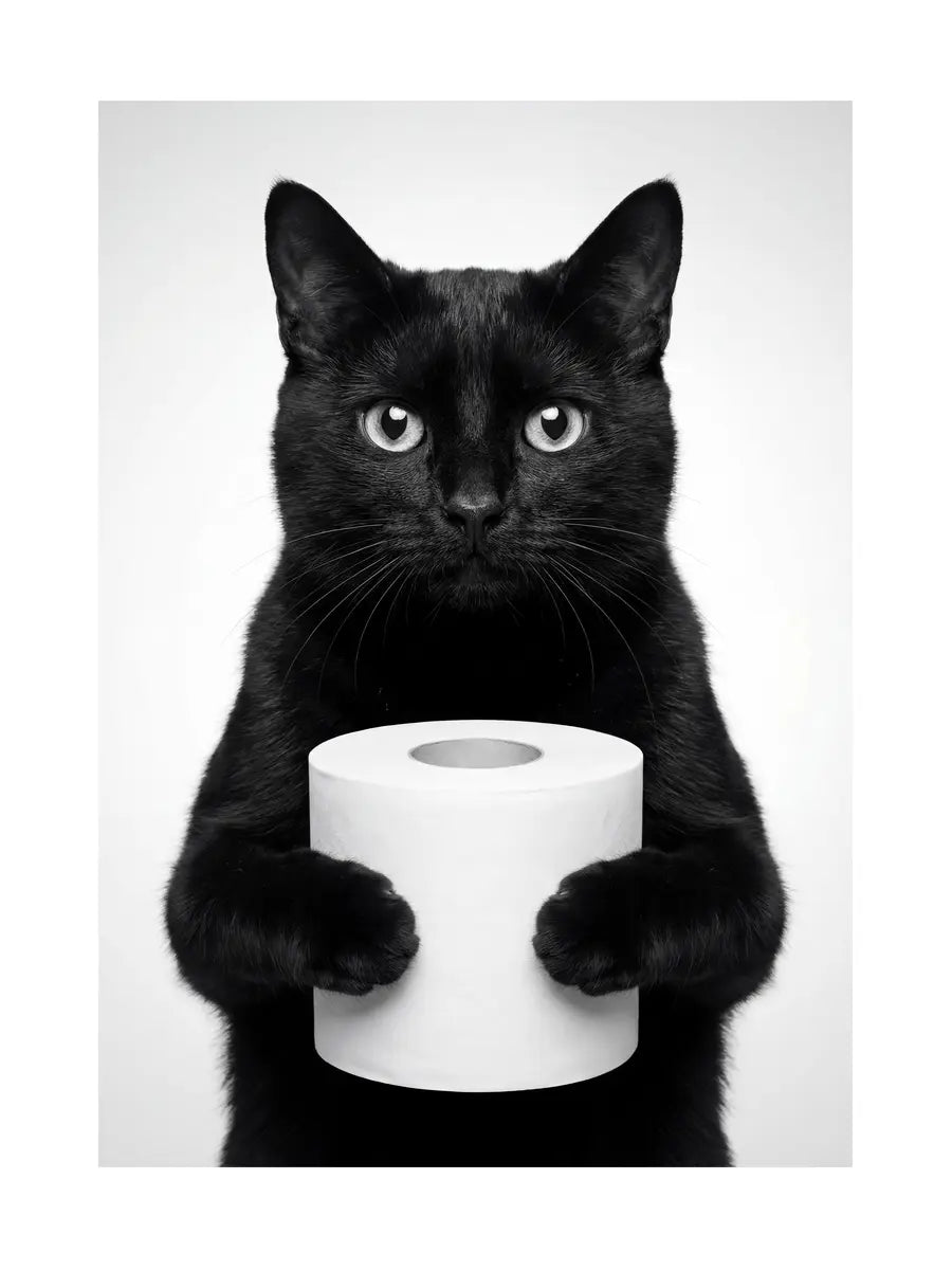 Schwarze Katze hält eine Rolle Toilettenpapier.