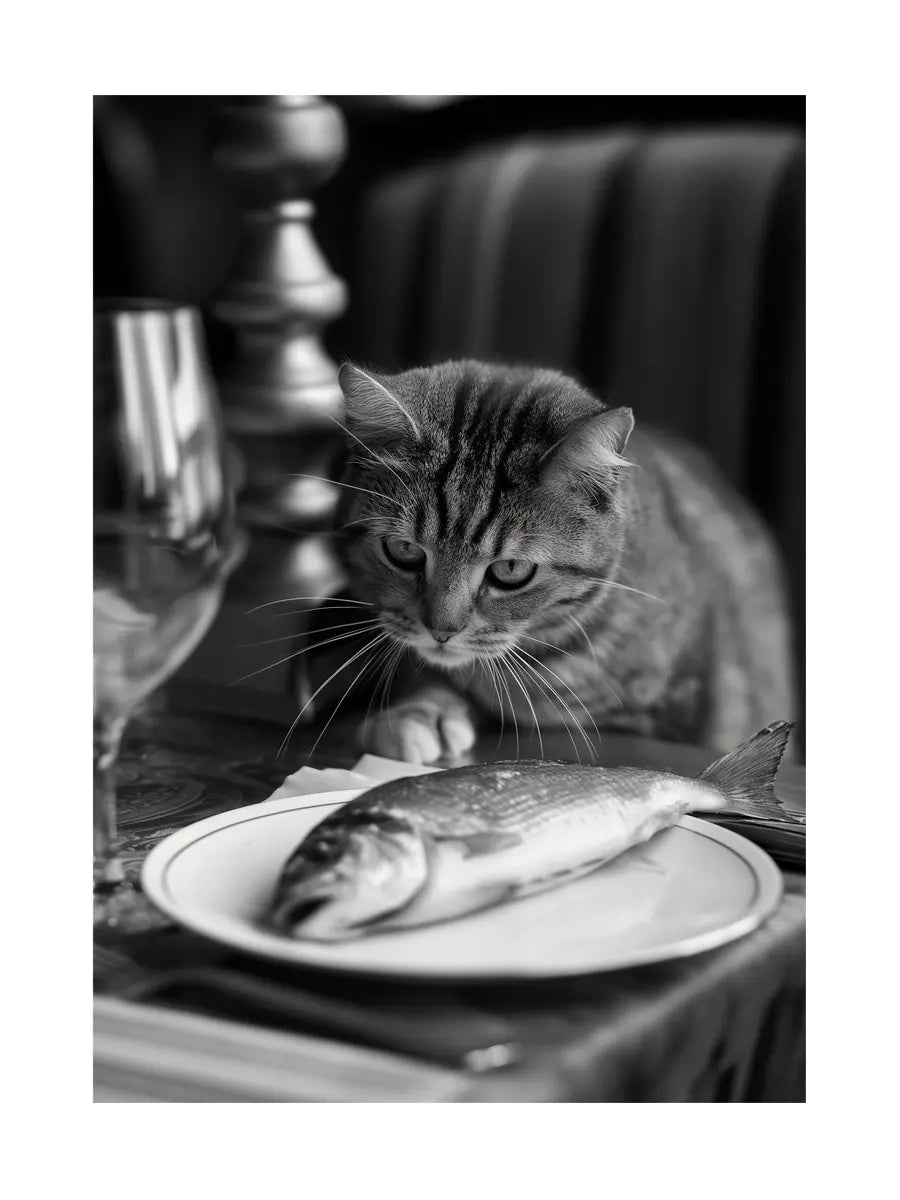 Schwarz-weiß-Fotografie einer Katze, die auf einen Fisch auf einem Teller starrt.