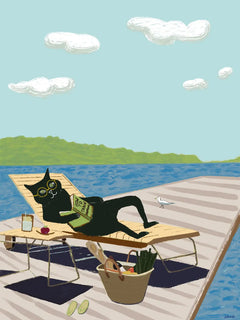 Illustration einer schwarzen Katze mit Sonnenbrille auf einem Steg, die ein Buch liest, mit einer Möwe daneben.