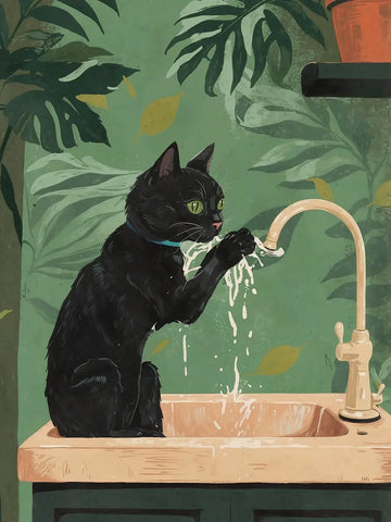 Illustration einer schwarzen Katze, die in einem Waschbecken mit Wasser spielt, vor einem grünen Hintergrund mit Blättern.