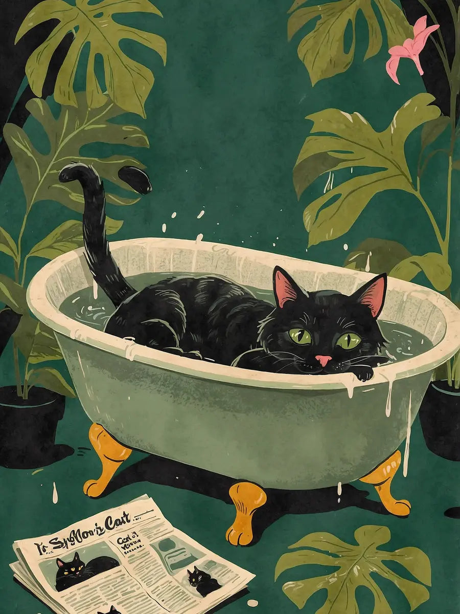 Illustration einer schwarzen Katze in einer Badewanne mit grünen Pflanzen und einem Zeitungsausschnitt.