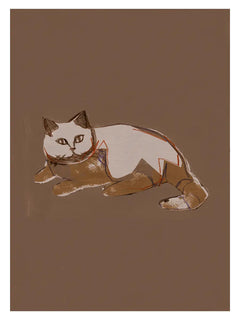 Illustration einer liegenden Katze auf braunem Hintergrund.