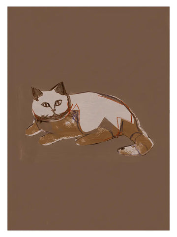 Illustration einer liegenden Katze auf braunem Hintergrund.