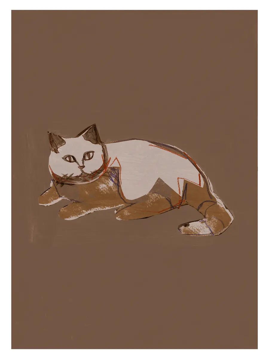 Illustration einer liegenden Katze auf braunem Hintergrund.