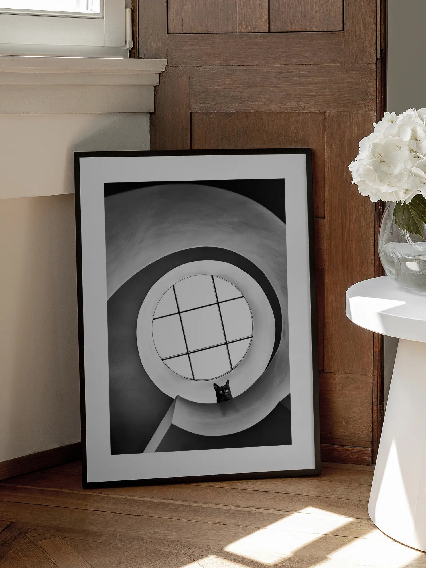 Cat on Spiral Stairs Poster