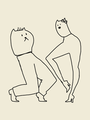 Illustration von zwei tanzenden Katzen auf beigem Hintergrund.