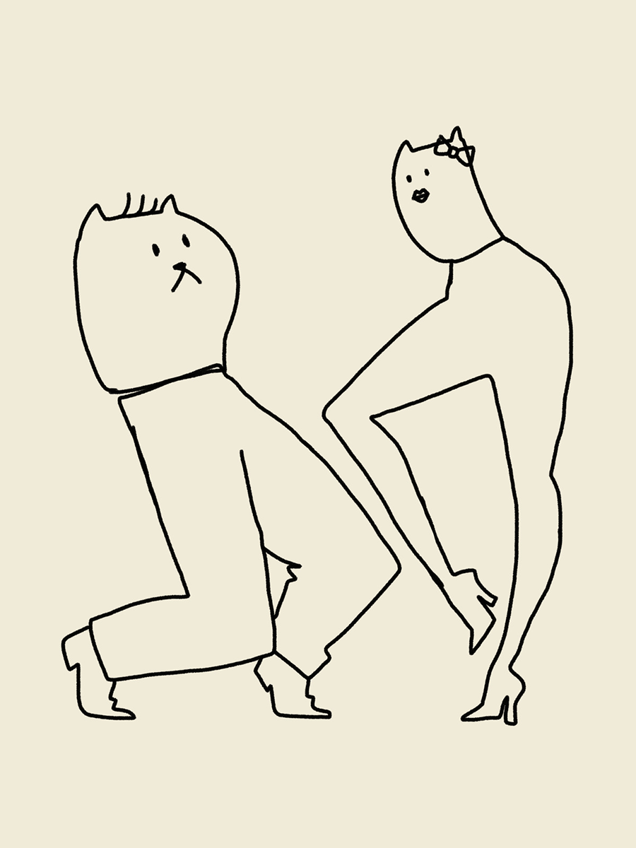 Illustration von zwei tanzenden Katzen auf beigem Hintergrund.