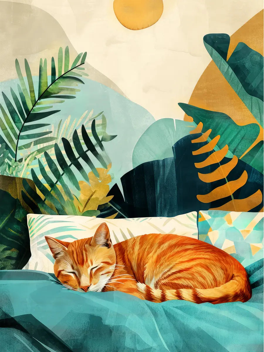 Illustration einer roten Katze, die auf einem Bett schläft, umgeben von Pflanzen und Kissen.