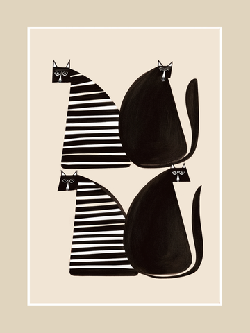 Schwarze Katzen mit Streifenmuster auf beigem Hintergrund.
