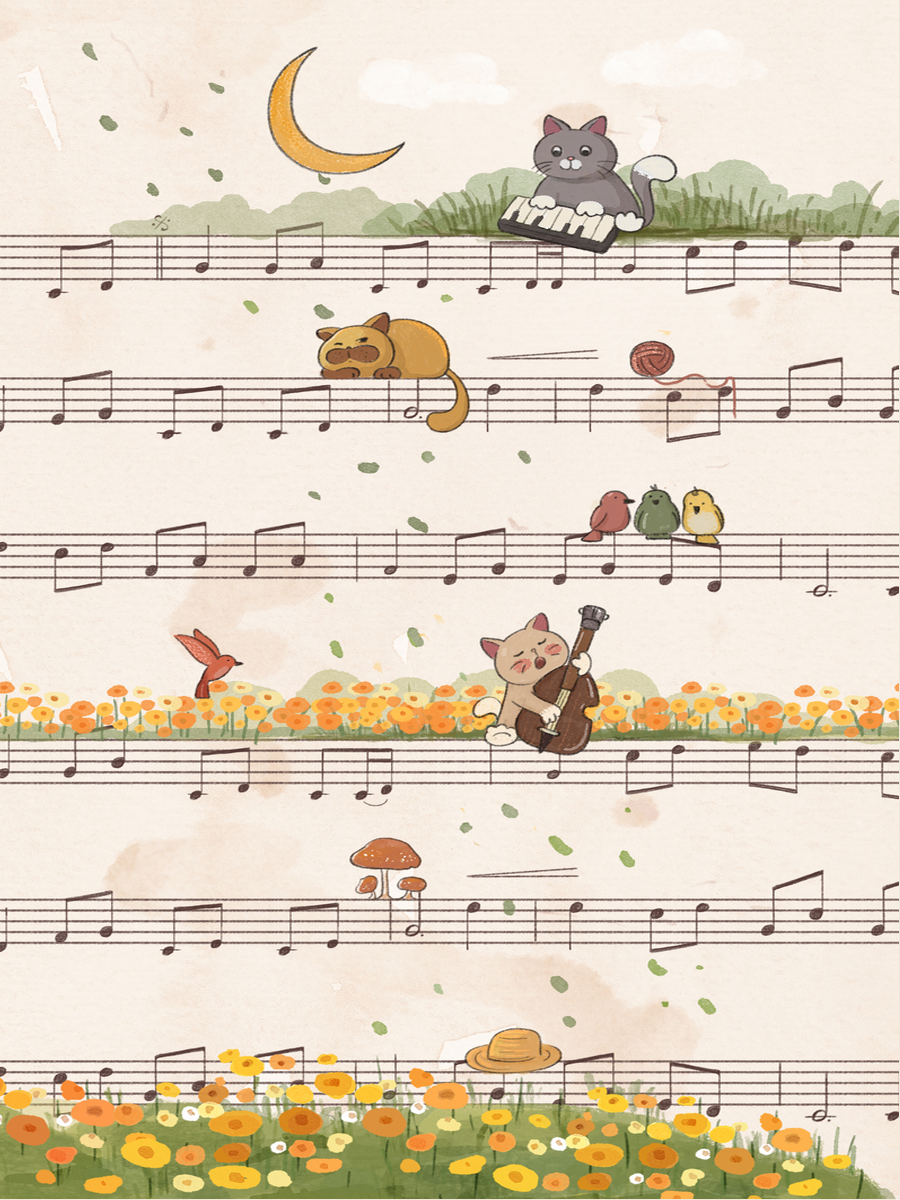 Illustration von Katzen, die auf einer Notenpartitur spielen.