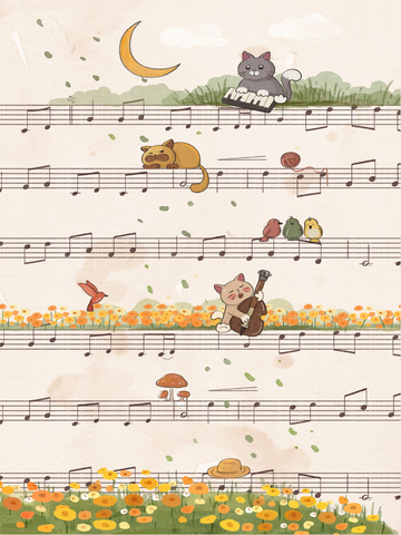 Illustration von Katzen, die auf einer Notenpartitur spielen.