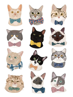 Illustration von Katzen mit Fliegen in verschiedenen Farben und Mustern.