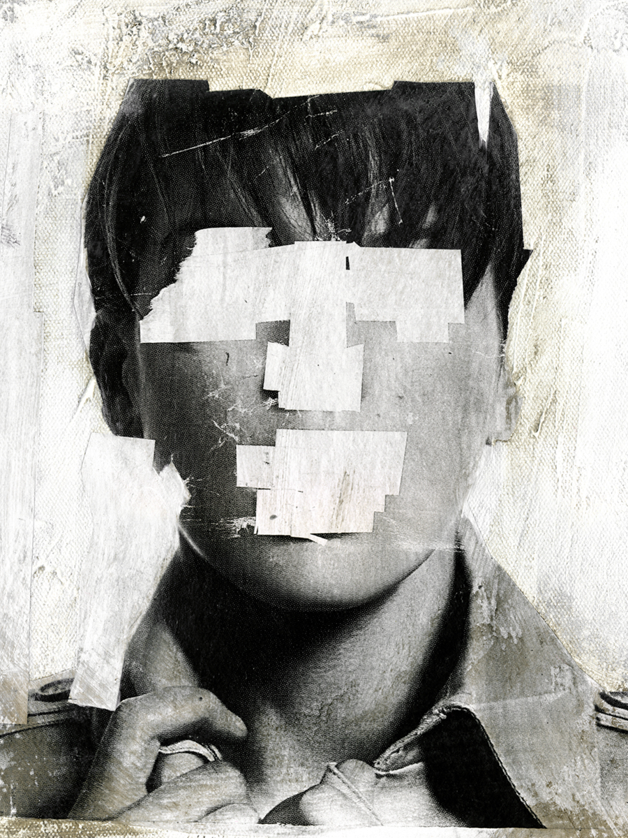 Kunstposter eines Kopfes, der mit weißem Klebeband überklebt ist.