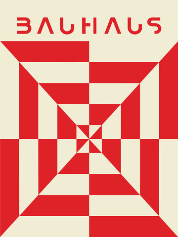 Quadratische geometrische Formen in Rot und Beige mit dem Schriftzug Bauhaus in Rot.