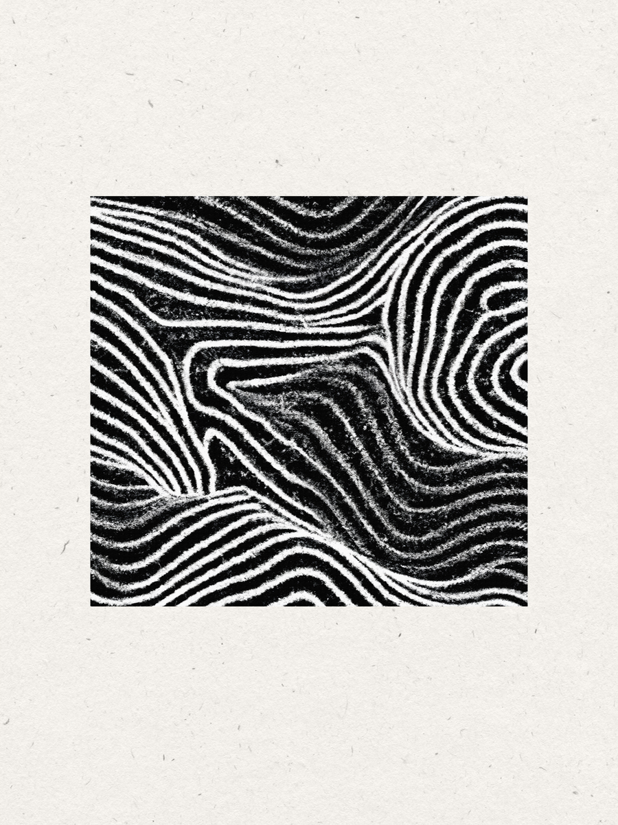 Quadratische Illustration mit weißen Linien in einem abstrakten Muster auf schwarzem Hintergrund, umgeben von weißem Hintergrund.