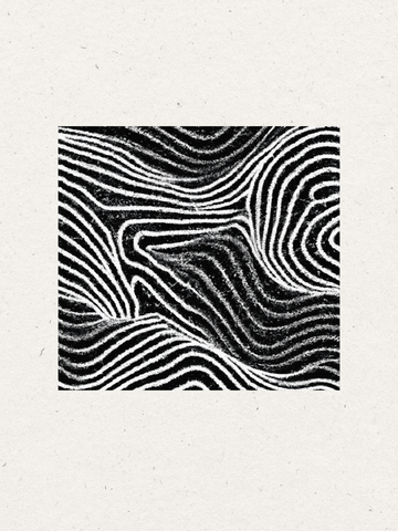 Quadratische Illustration mit weißen Linien in einem abstrakten Muster auf schwarzem Hintergrund, umgeben von weißem Hintergrund.