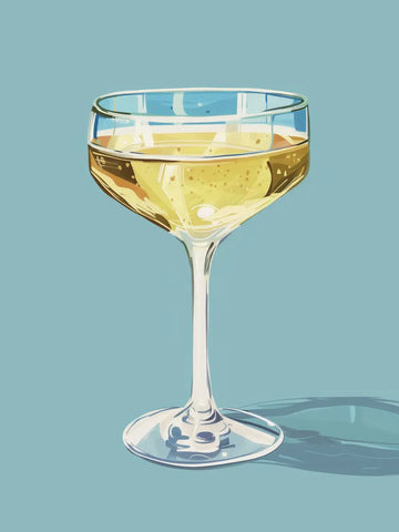 Illustration eines Champagnerglases vor einem hellblauen Hintergrund.