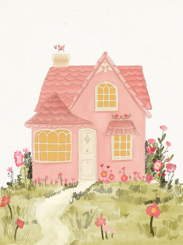 Illustration eines rosa Hauses in einem Garten mit Blumen.
