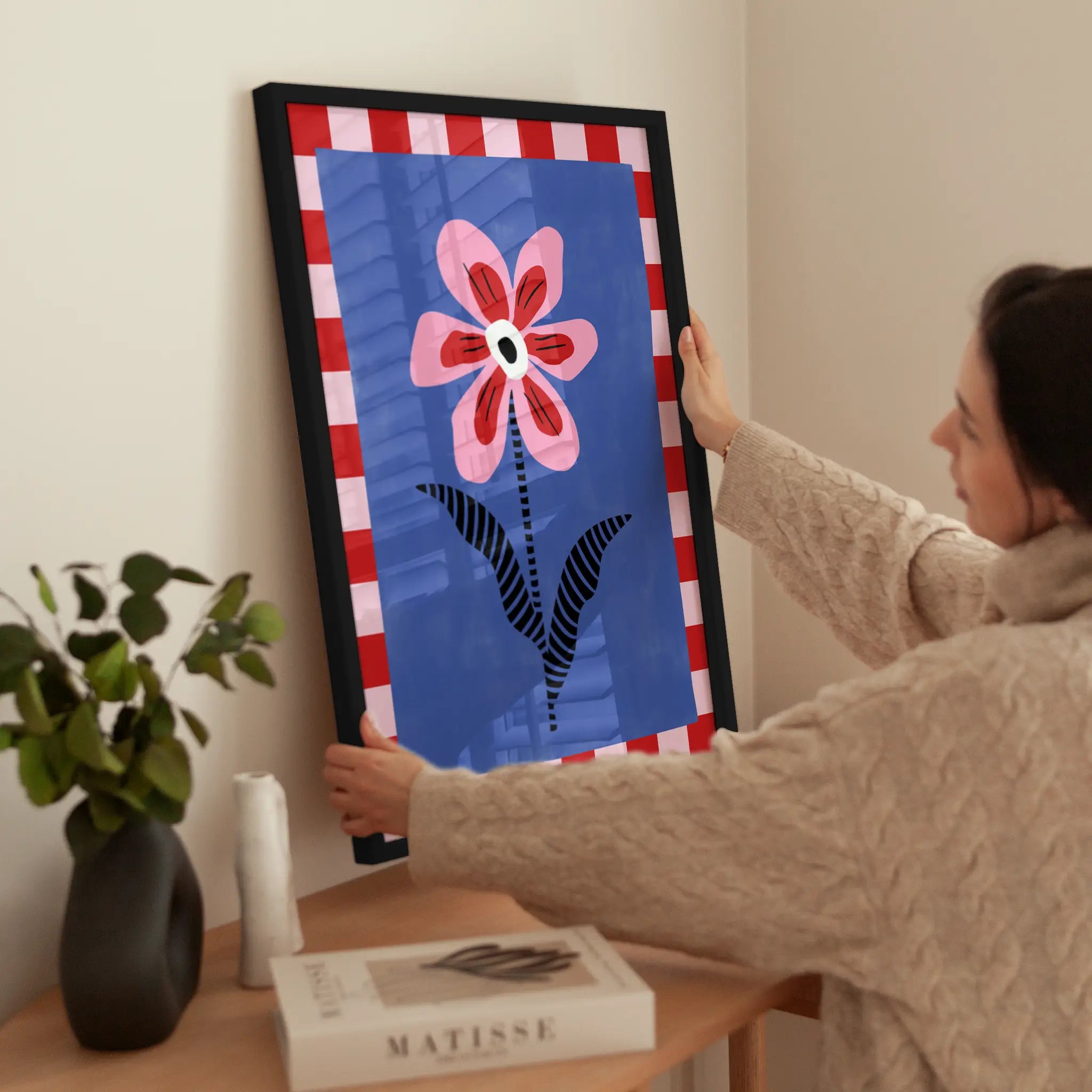 Checkered Flower wird aufgehängt