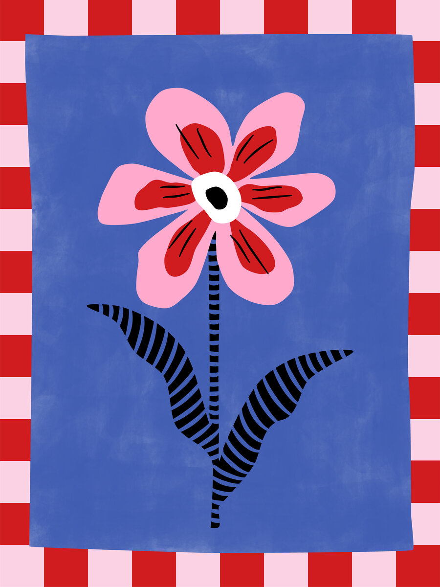 Poster mit rosa Blume, schwarzen Blättern und kariertem Rand in Rot und Rosa auf blauem Hintergrund.
