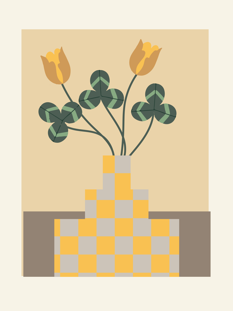 Illustration einer karierten Vase mit gelben Blumen auf beigem Hintergrund.