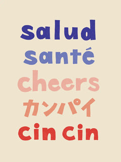 Textposter mit dem Wort "Cheers" in mehreren Sprachen auf beigem Hintergrund.
