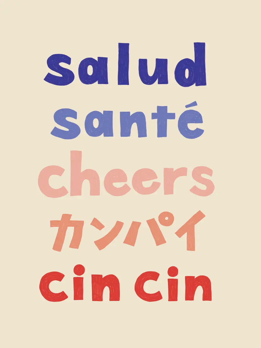 Textposter mit dem Wort "Cheers" in mehreren Sprachen auf beigem Hintergrund.