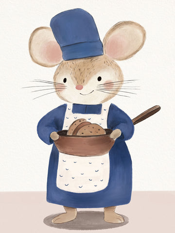Illustration einer Maus in blauer Kochuniform mit einem Topf.