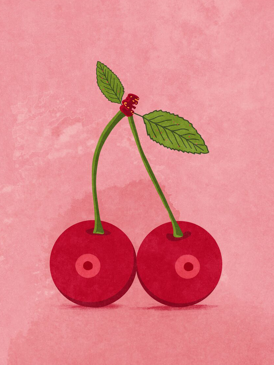 Poster mit zwei Kirschen und grünen Blättern auf rosa Hintergrund.