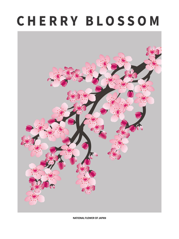 Grafische Illustration von rosa Kirschblüten auf grauem Hintergrund mit Text darüber und darunter.