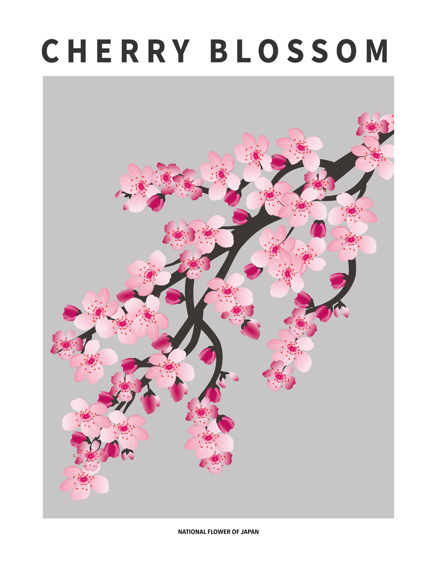 Grafische Illustration von rosa Kirschblüten auf grauem Hintergrund mit Text darüber und darunter.