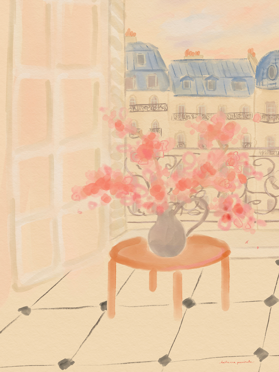 Illustration einer Vase mit rosa Blumen vor einem offenen Fenster mit Blick auf Paris.