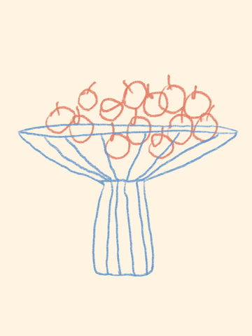 Illustration von roten Kirschen in einer blauen Schale auf hellbeigem Hintergrund.