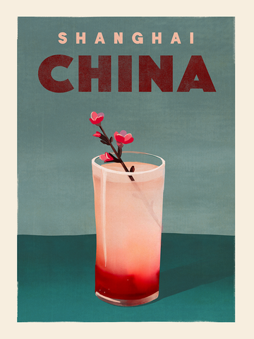 Poster mit einem rosa Getränk und rosa Blumen vor einem grünen Hintergrund, mit den Worten Shanghai China.