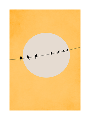 Grafische Illustration von Vögeln auf einer Stromleitung vor einer grauen Sonne auf gelbem Hintergrund.