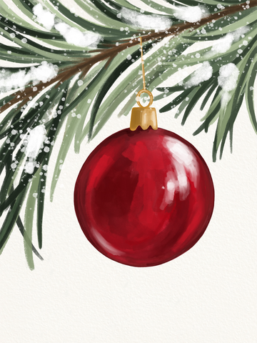Illustration einer roten Weihnachtskugel an einem schneebedeckten Tannenzweig.