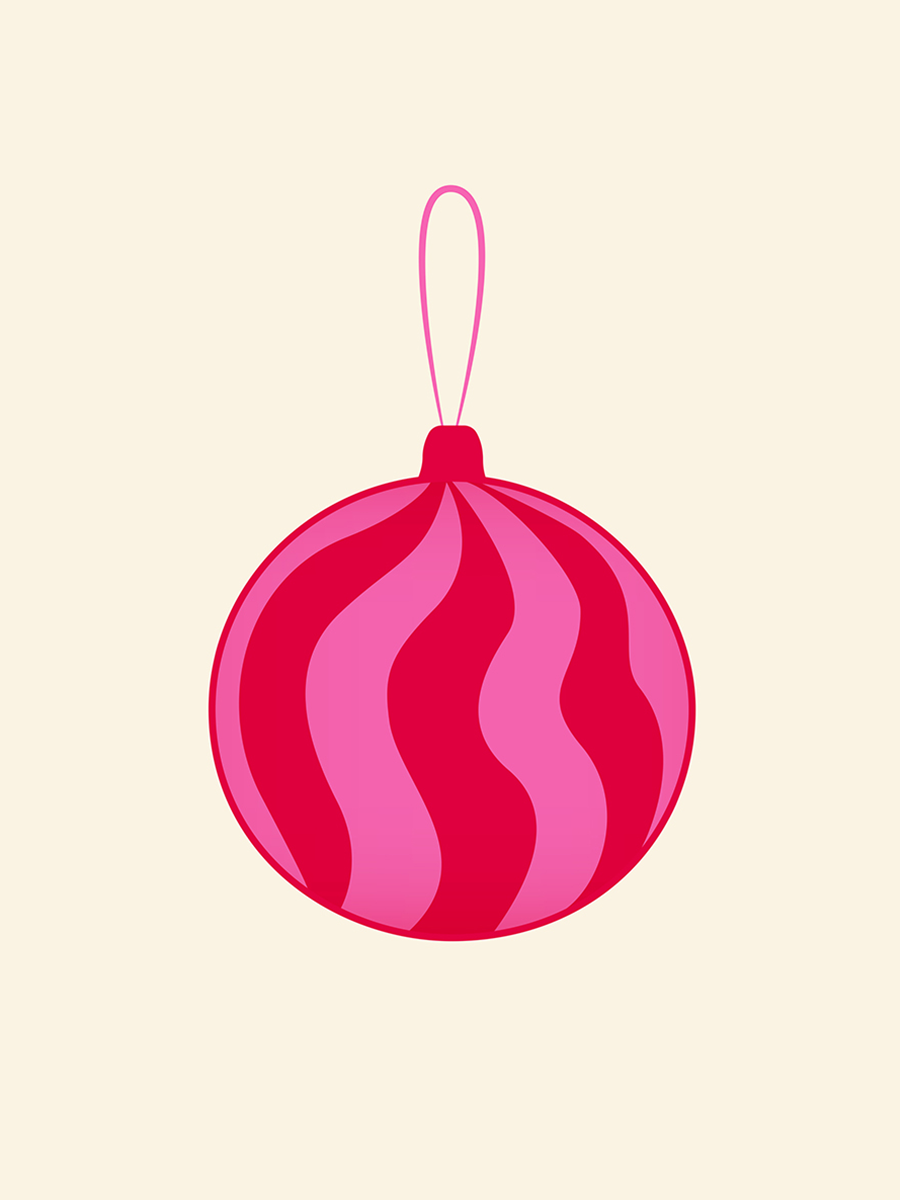 Illustration einer roten und pinken Weihnachtskugel auf beigem Hintergrund.