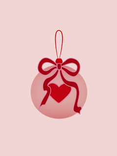 Illustration einer roten Weihnachtskugel mit Herz und Schleife auf rosa Hintergrund.