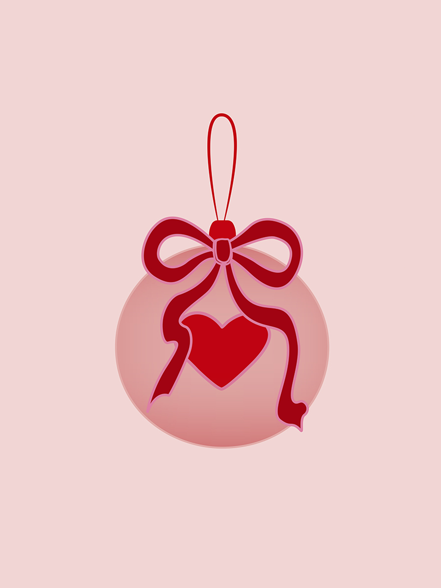 Illustration einer roten Weihnachtskugel mit Herz und Schleife auf rosa Hintergrund.