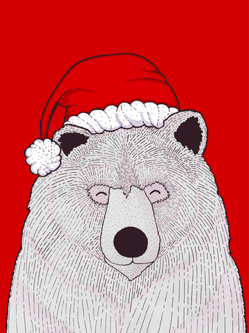 Illustration eines weißen Bären mit Weihnachtsmannmütze auf rotem Hintergrund.