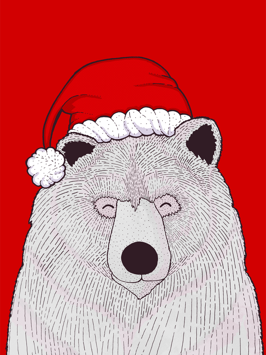 Illustration eines weißen Bären mit Weihnachtsmannmütze auf rotem Hintergrund.