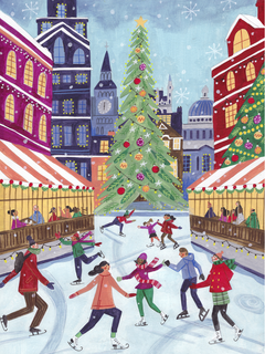 Illustration eines Weihnachtsmarkts mit großem Weihnachtsbaum und Schlittschuh laufenden Menschen.