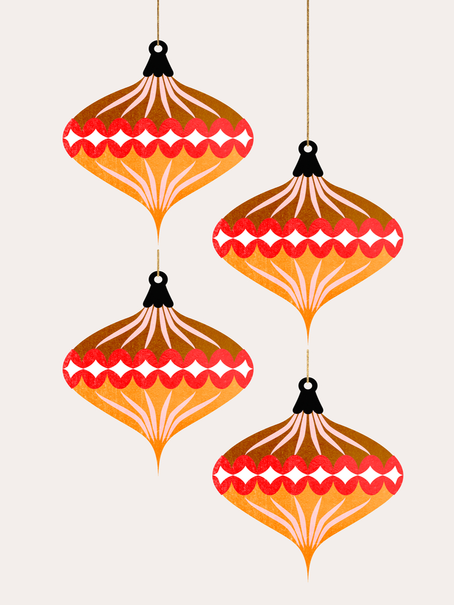 Poster mit orangefarbenen Weihnachtskugeln auf hellem Hintergrund.