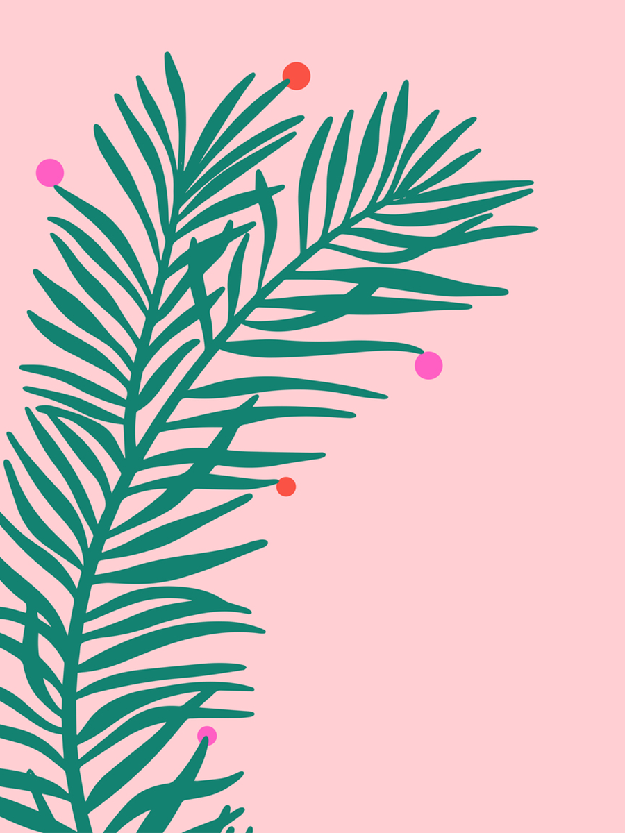 Minimalistisches Poster mit grüner Palme und bunten Weihnachtskugeln auf rosa Hintergrund.