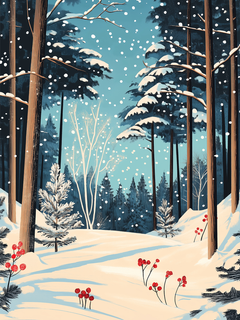 Illustration eines verschneiten Waldes mit roten Beeren und blauem Himmel.