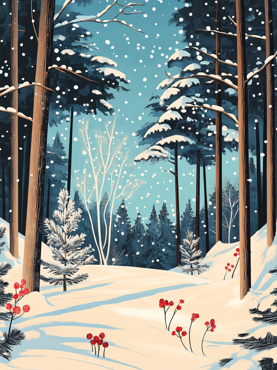 Illustration eines verschneiten Waldes mit roten Beeren und blauem Himmel.