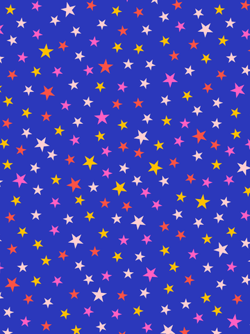 Ein Muster aus bunten Sternen auf dunkelblauem Hintergrund.